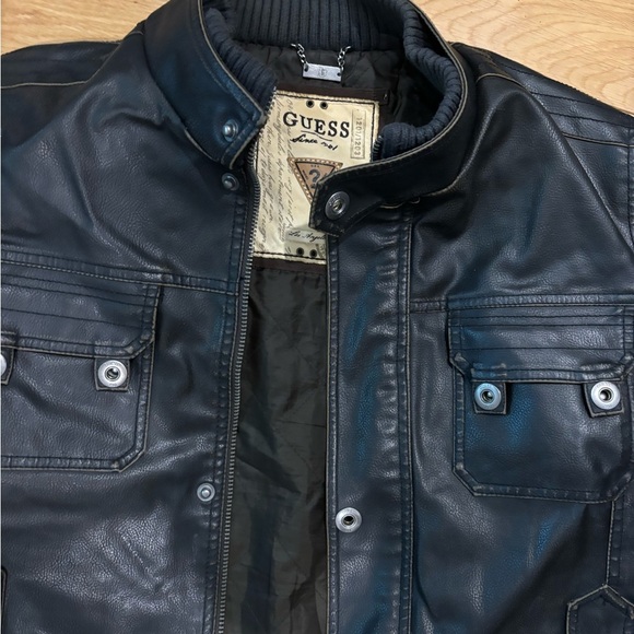 GUESS USA Dark Faux Leather Bomber Jacket - Picture 3 of 7